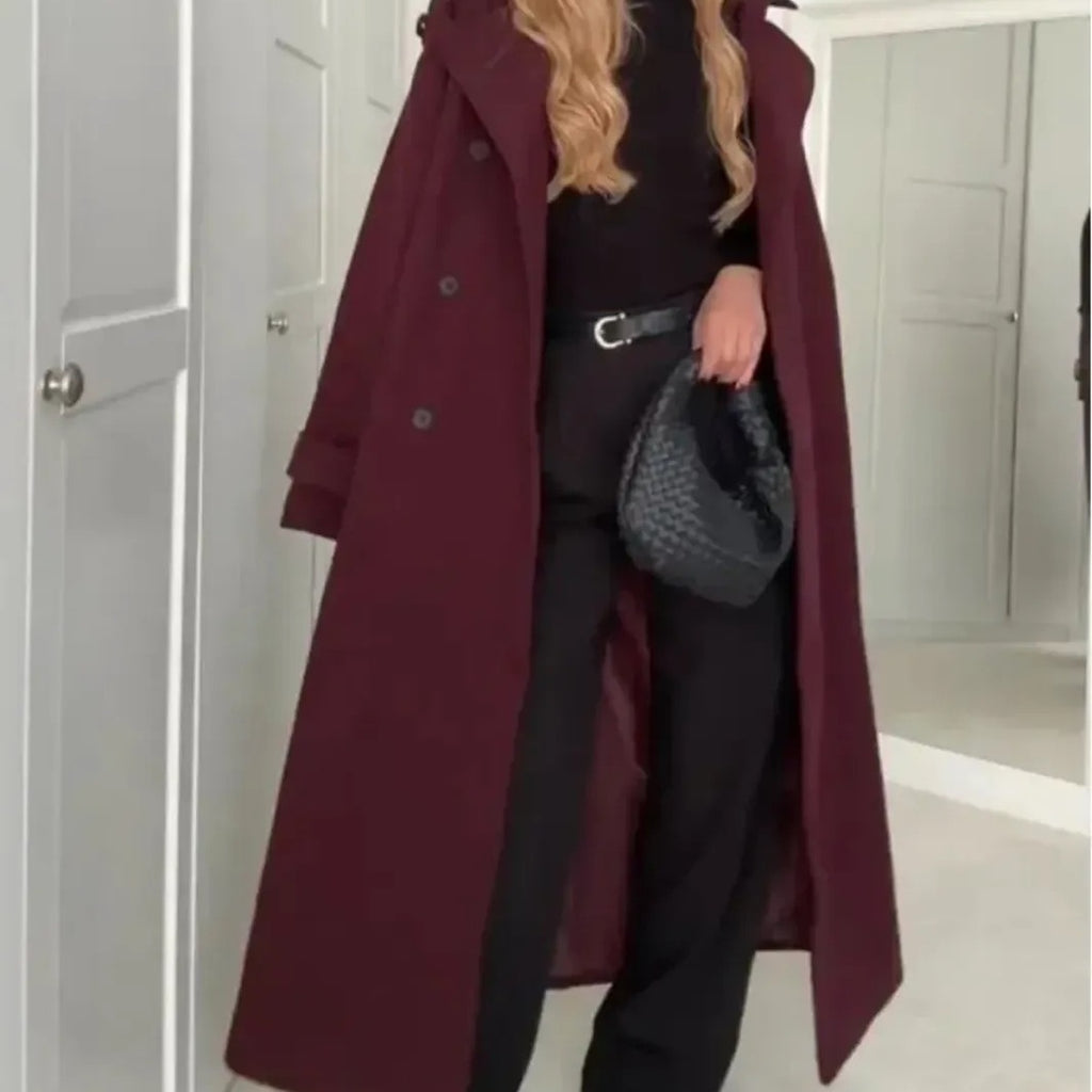 Manteau Croisé Bordeaux - vue ouverte avec sac