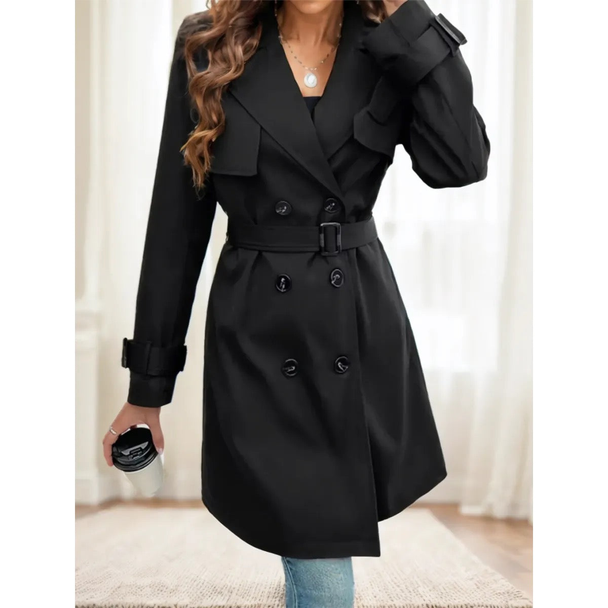 Trench Ceinturé Épuré noir - détail ceinture nouée