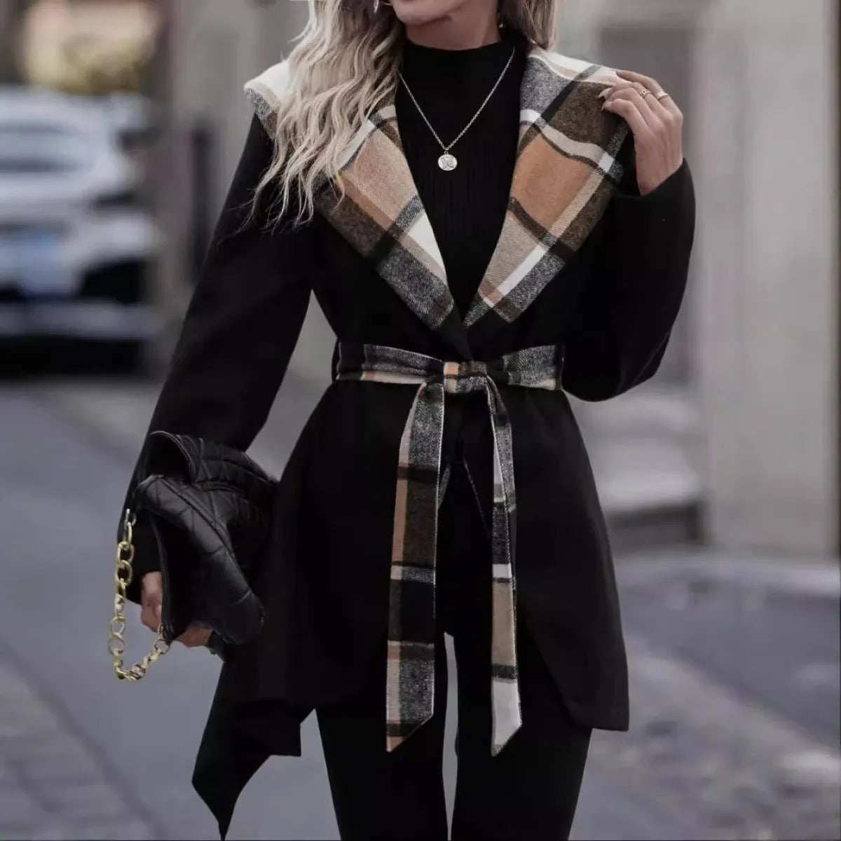 Trench Ceinturé Tartan noir - vue rapprochée